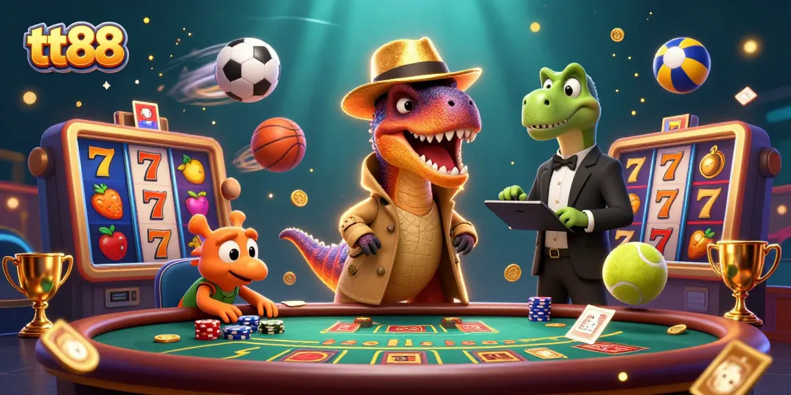 Experience gaming thrills at tt88 with a lively scene of cartoon characters amidst vibrant casino elements.
