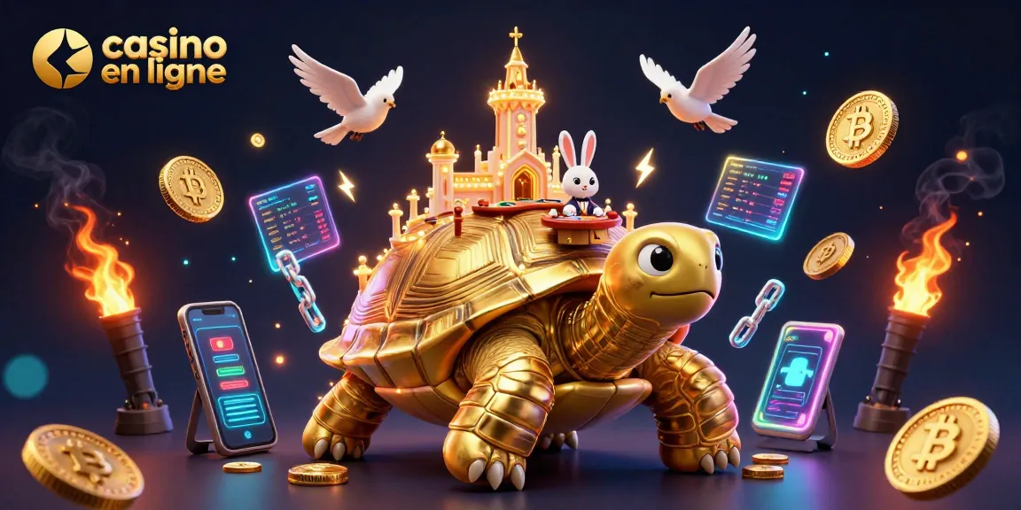 Jouez à casino en ligne avec tortue dorée et croupier, esquissant une ambiance festive.