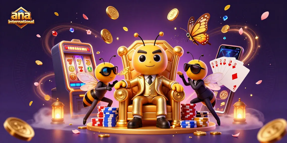 Experience thrilling slot action at ana-international with a 3D bee mob boss amidst golden coins and games.