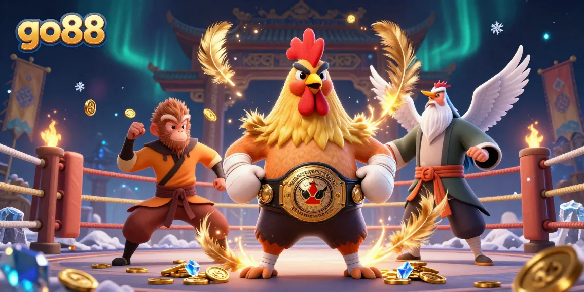 Go88 features a colorful 3D illustration of a Muay Thai rooster, Shaolin monkey, and wise crane in a dynamic casino scene.