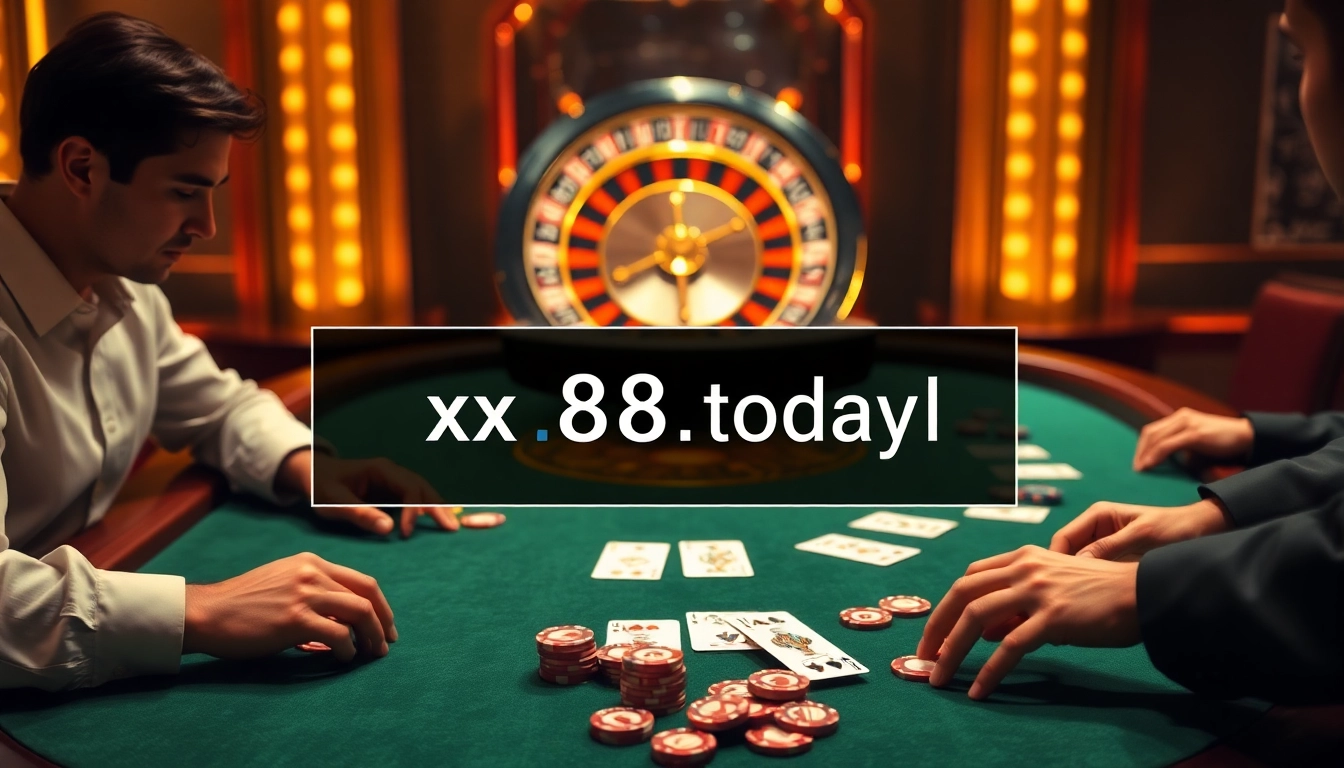 Exciting gaming action at https://xx88.today/ featuring a stylish poker table and roulette wheel.