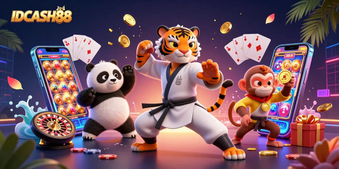 Engage with IDCASH88's vibrant 3D illustration of fun characters and exciting slot game elements.