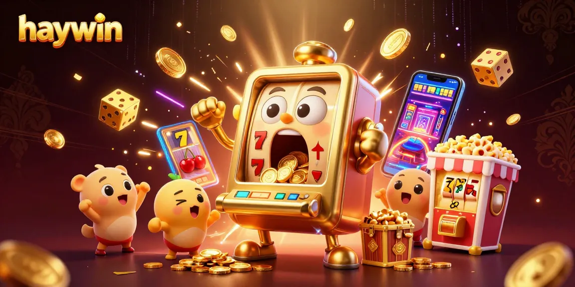 Experience haywin's excitement as the cheerful golden slot machine celebrates a jackpot, with vibrant casino elements.