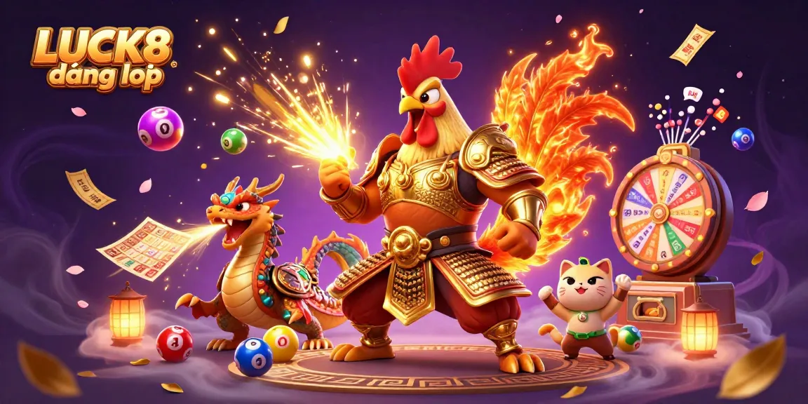Experience exciting gaming with LUCK8 đăng nhập as a vibrant cartoon scene filled with lottery elements and characters.