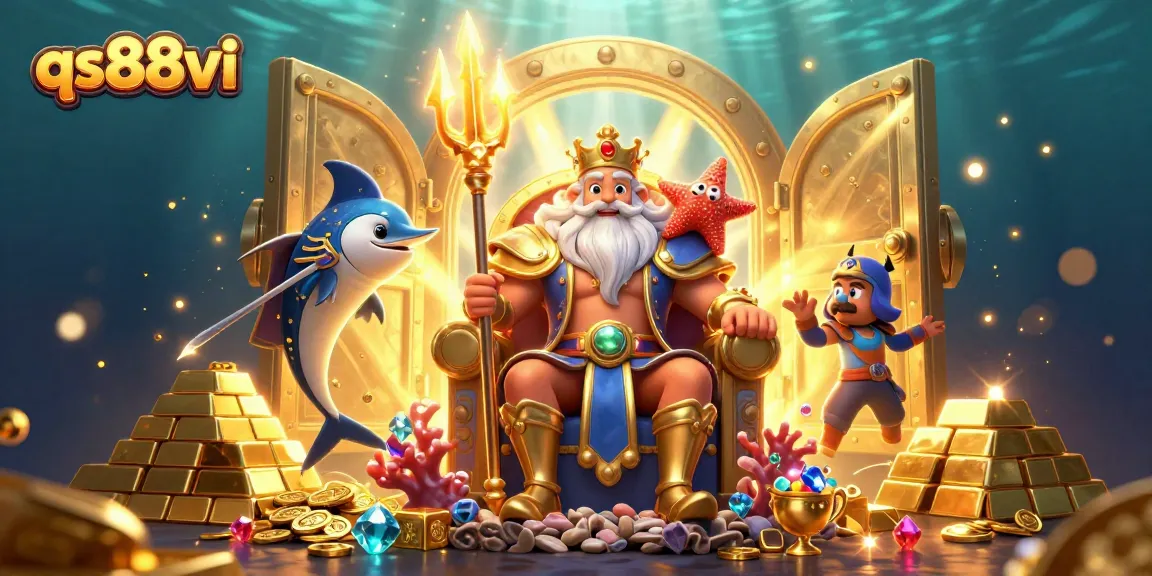 Experience excitement at qs88vi with Neptune surrounded by treasures in a vibrant online casino scene.