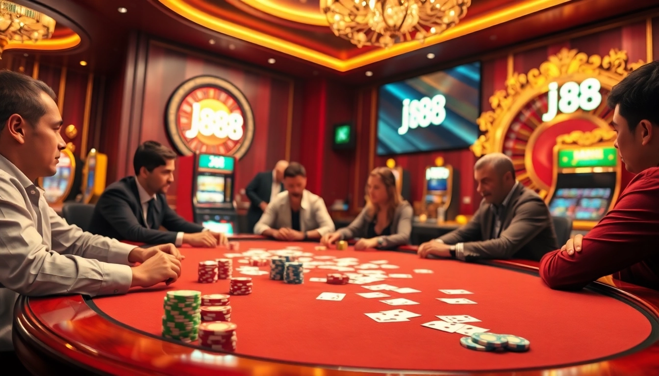 Exciting poker game action at j88 casino with vibrant poker chips and cards revealing strategic gameplay.