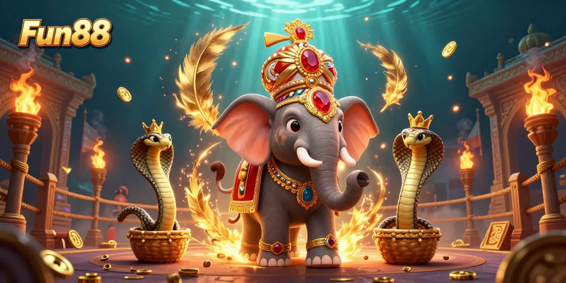 Experience thrilling gaming action at Fun88 with an ornate elephant, tiger, and cobra in a vibrant casino setting.