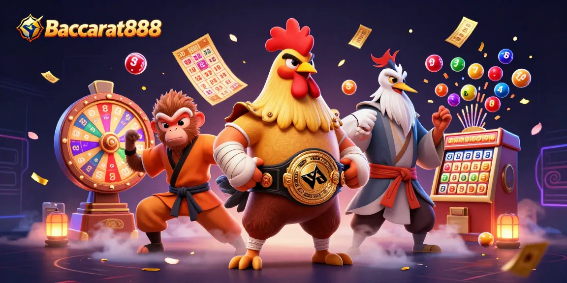 Experience Baccarat888 with a dynamic 3D scene featuring a Muay Thai rooster and Shaolin monkey in a colorful casino.
