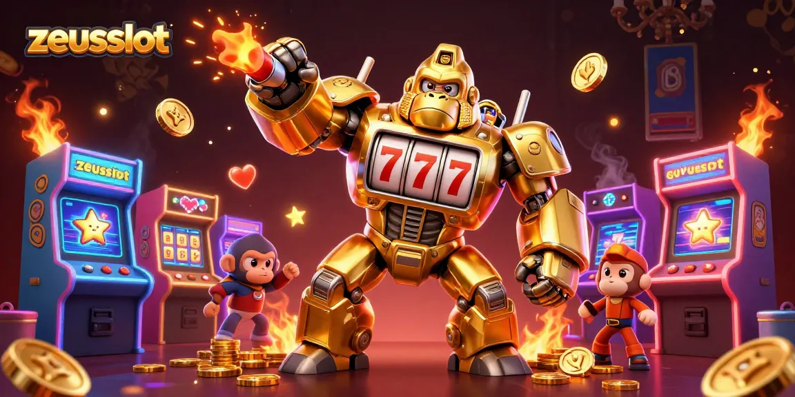 Experience fortune with zeusslot: a dynamic 3D illustration of a golden gorilla mech and arcade elements.