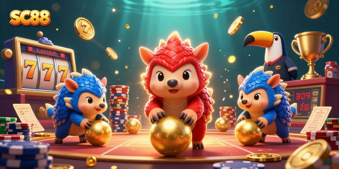 Experience thrilling SC88 casino action with playful pangolins amidst dynamic slot reels and golden jackpot counters.