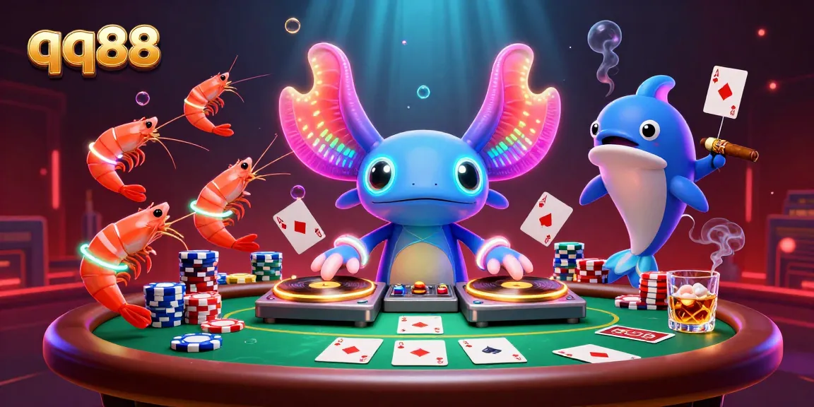 Experience exciting poker action with qq88's vibrant underwater casino scene featuring a DJ axolotl.