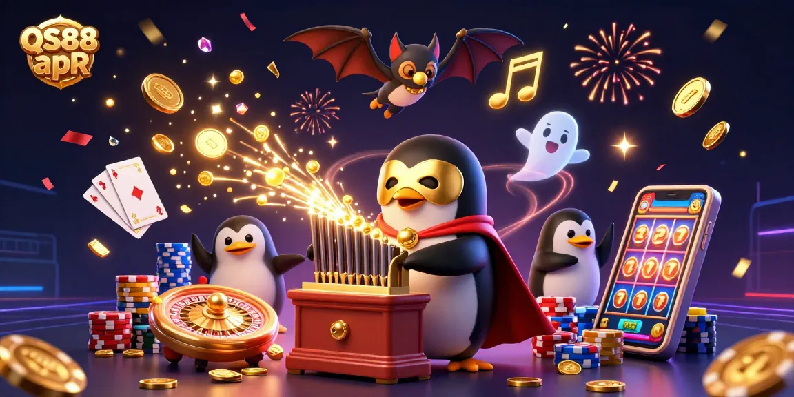 Engage with QS88 apR as the penguin plays, coins fly, and excitement builds in a casino scene.