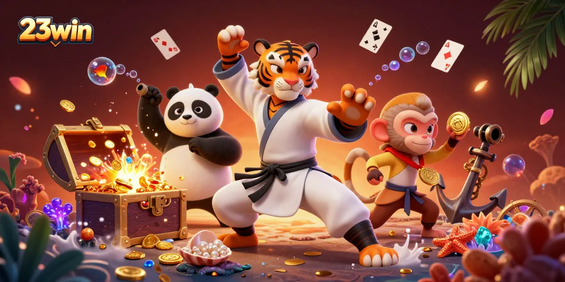 Engage in thrilling adventures on 23win with a kung fu tiger, panda, and a monkey amidst vibrant game elements.