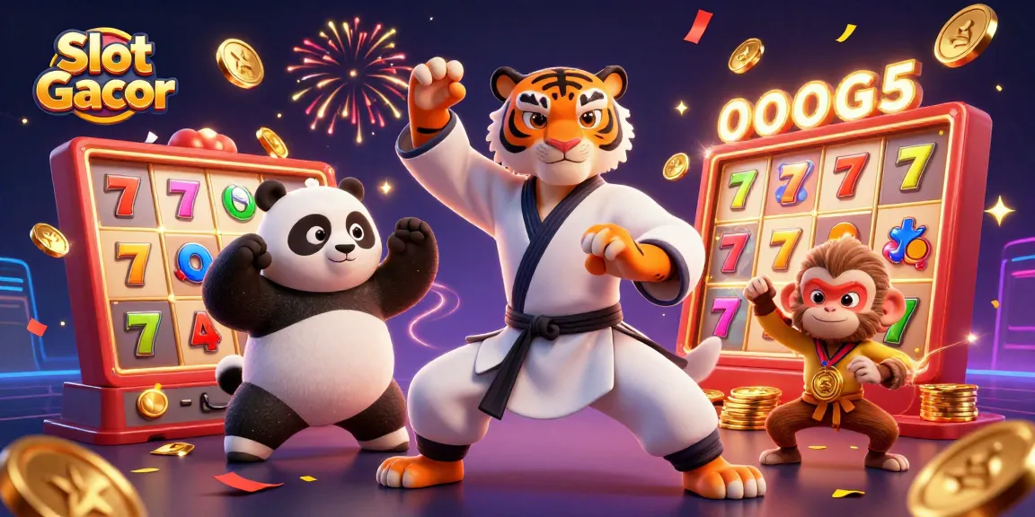 Engage with Slot Gacor's dynamic scene featuring 3D cartoon characters and vibrant slot elements.
