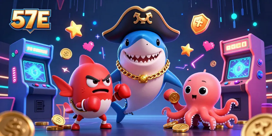 Join the excitement of 57E casino with a captivating pirate shark, pufferfish, and octopus amidst gaming treasures.