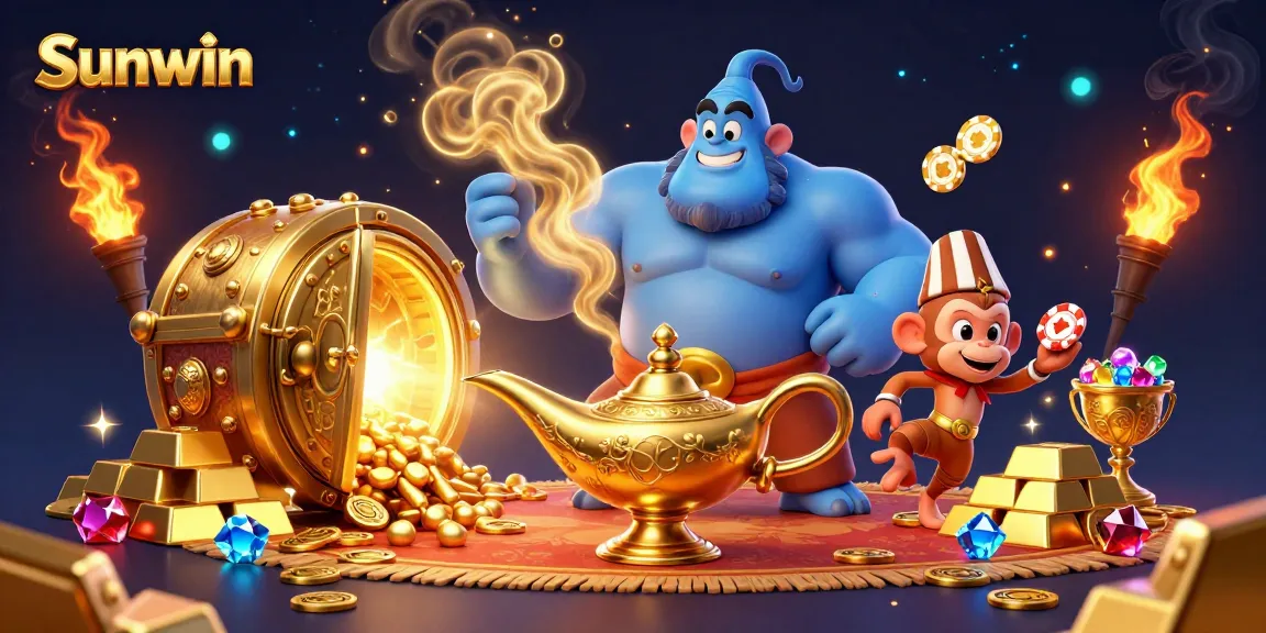 Experience exciting gameplay with Sunwin as a blue genie emerges from a magical lamp amidst a treasure-filled scene.