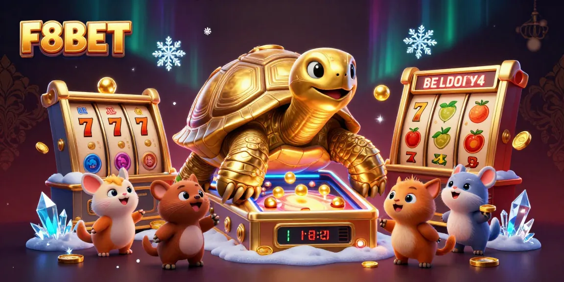 Engage with thrilling F8BET slot games featuring a colossal golden tortoise and vibrant casino elements.