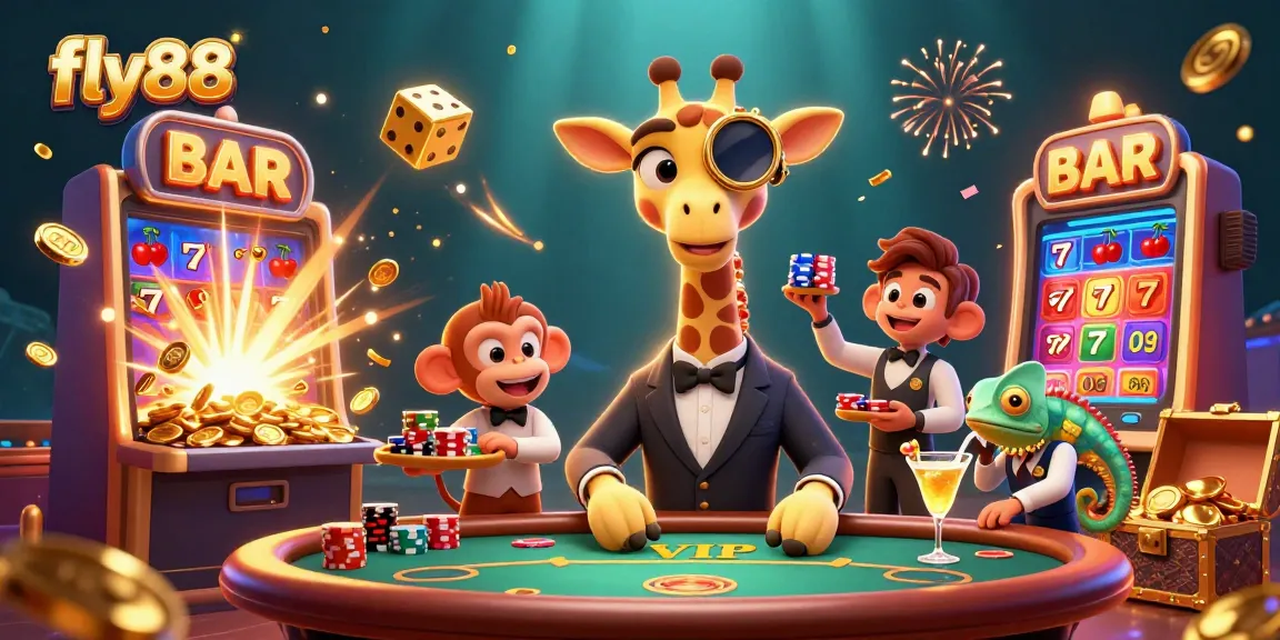 Experience the excitement of fly88 with a vibrant scene showcasing unique characters and casino elements.