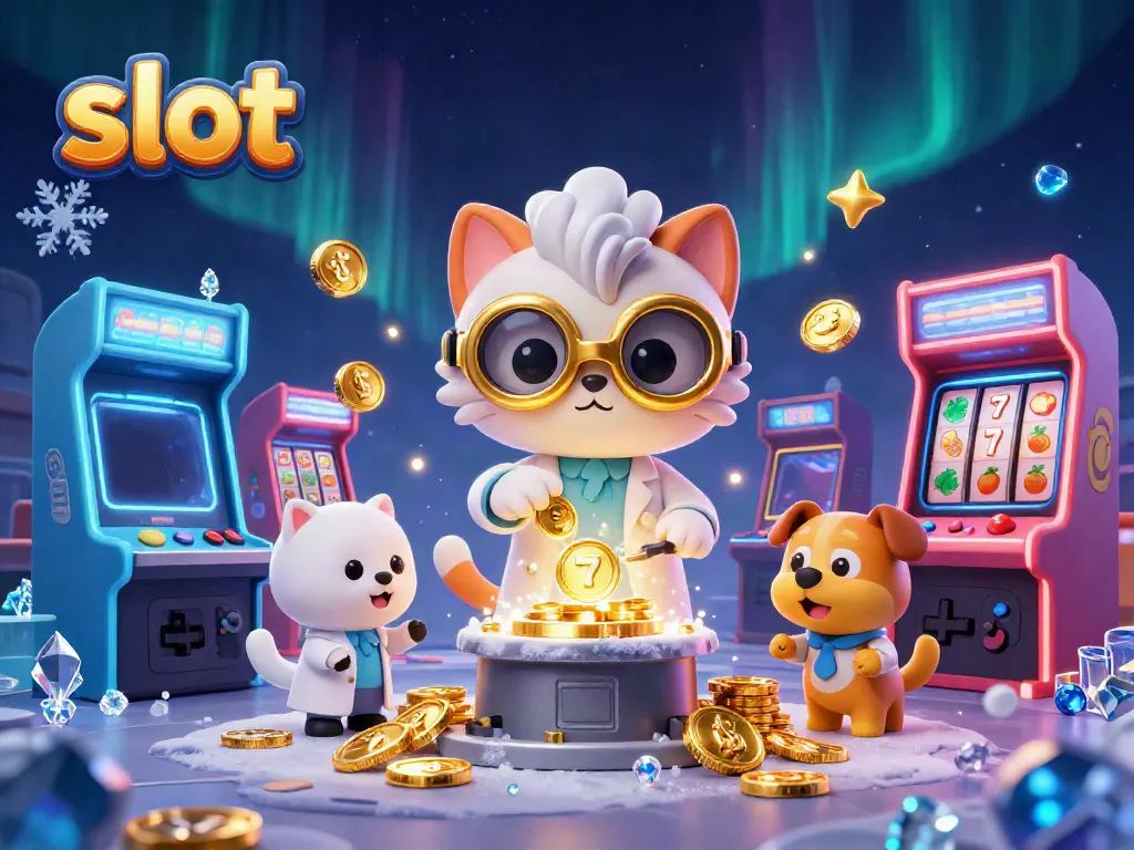 Putaran slot dengan mesin yang berkilau dan karakter lucu di lab, menggoda jackpot dan kesenangan.