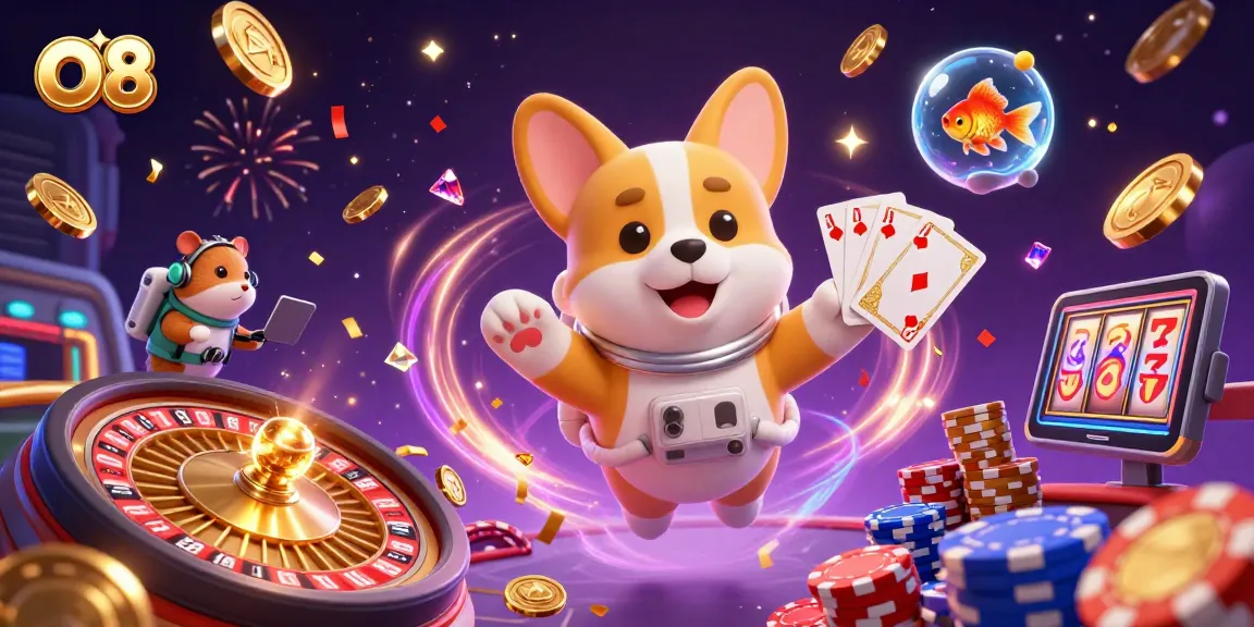 Experience the thrill of O8's casino with colorful chips and a creative space scene.