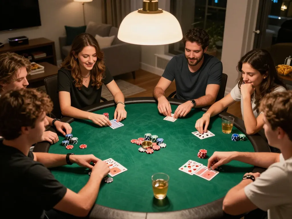Friends engaging in a strategic poker game at home, capturing the excitement of oddy gaming.
