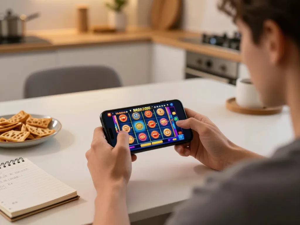NAGA2000 mobile gaming excitement as a player enjoys online slots with winning spins in a cozy home.