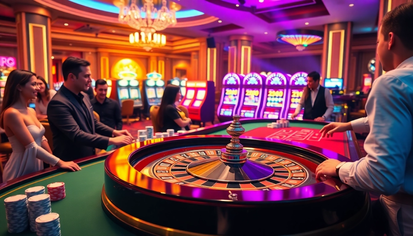 Players enjoying a thrilling roulette game at MM88 casino, showcasing excitement and luxury in the atmosphere.