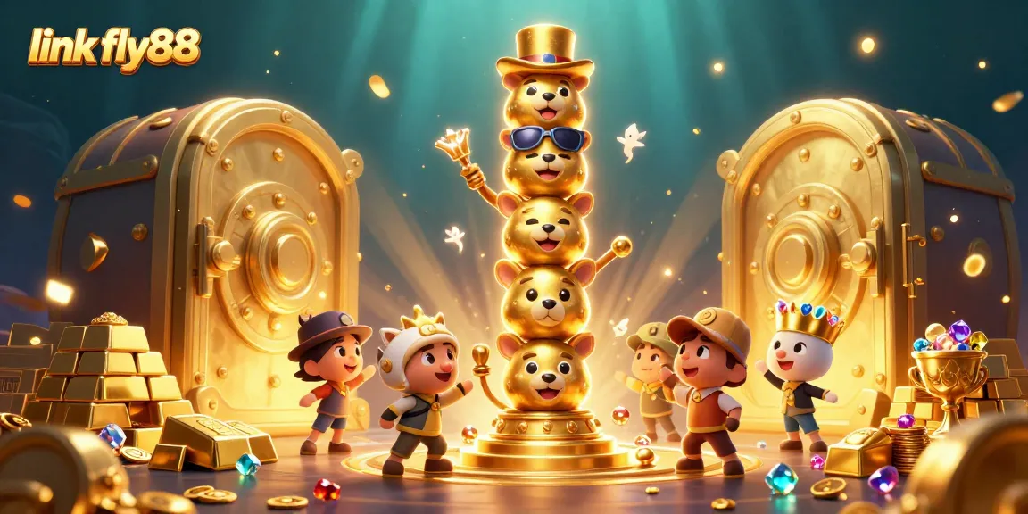 Win big at link fly88 with exciting golden treasures and vibrant casino elements in this captivating illustration.