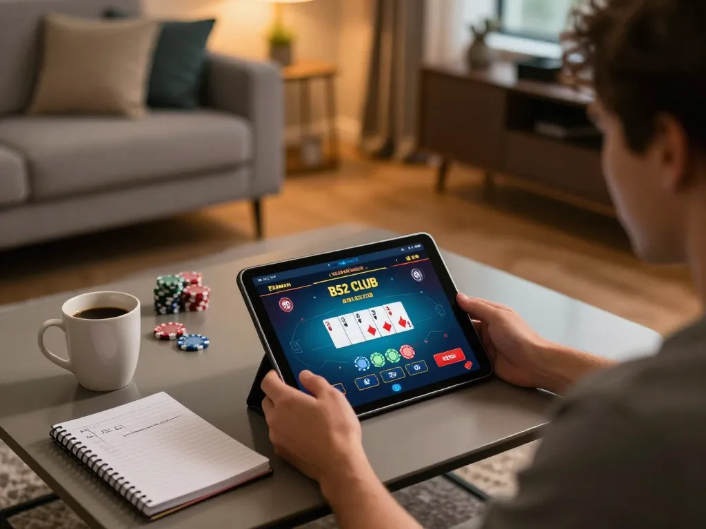 B52 Club player strategizing poker bets in a cozy home gaming setup