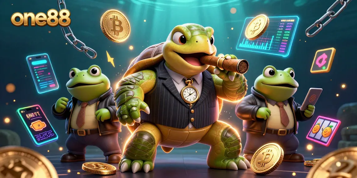 Experience the thrill of one88 online casino with a vibrant 3D scene featuring a mobster snapping turtle.