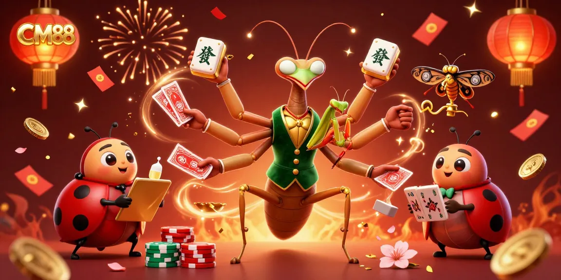 CM88 delivers excitement as a giant praying mantis card sharp deals cards and pours champagne among vibrant casino elements.