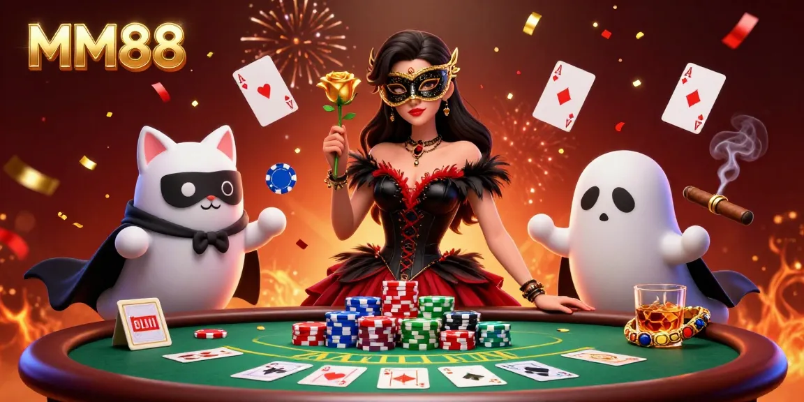 Experience overpowering wins at MM88 with a stunning casino scene featuring poker games, vibrant chips, and lucky aesthetics.