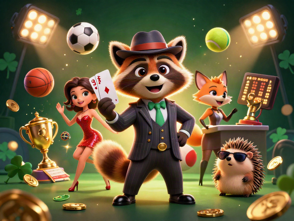 Engage with keo nha cai 5 dynamics in a vibrant casino scene featuring a suave raccoon and charismatic fox.
