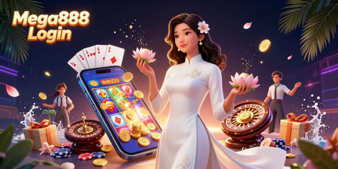 Immerse in Mega888 Login with a stunning visual of casino games, featuring vibrant 3D elements and an elegant character.