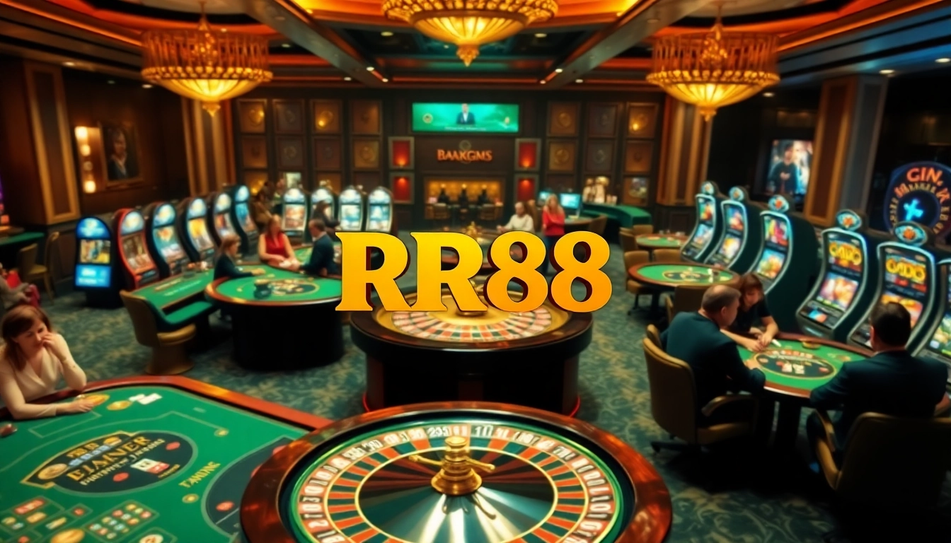 Players enjoying thrilling games at RR88 casino with vibrant slot machines and roulette wheel.