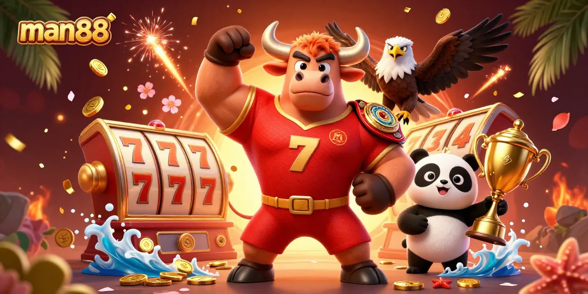 Experience man88 with a vibrant gaming scene featuring a bull mascot, eagle, and panda.