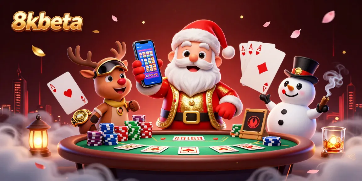 Experience the excitement of 8kbeta with Santa Claus and friends in a vibrant casino scene.