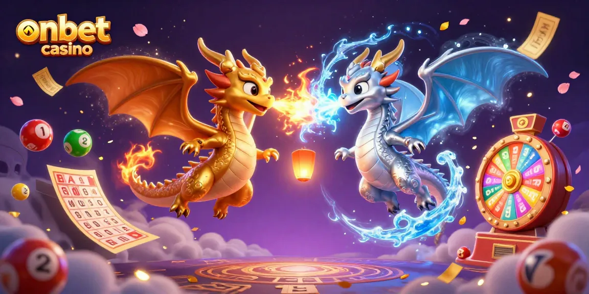 Experience thrilling wins at onbet casino with dynamic dragons amidst colorful lottery elements.