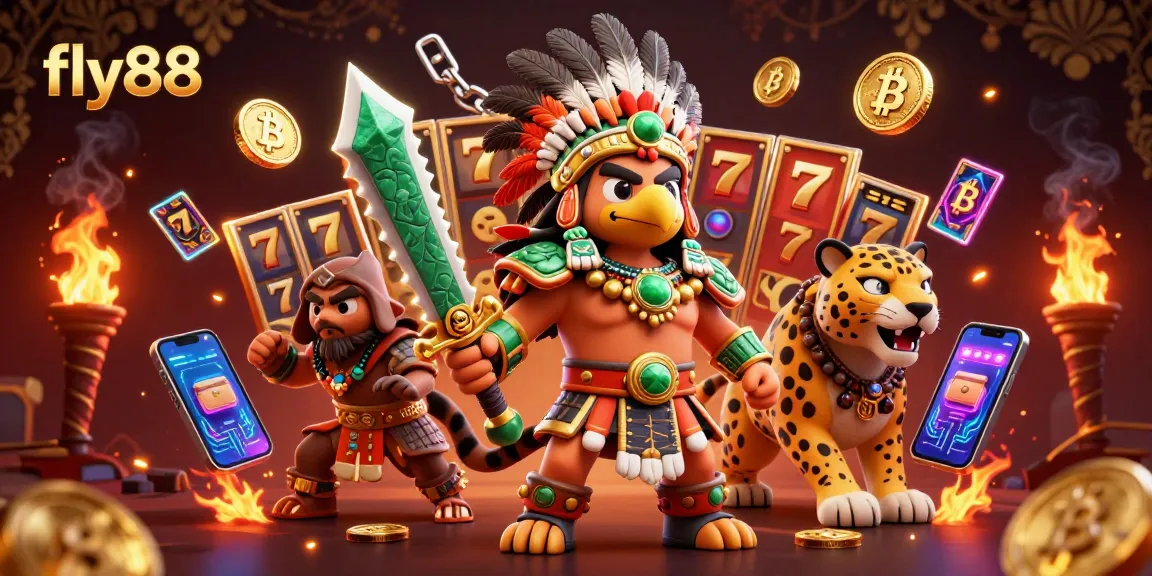 Engage in thrilling game action with fly88's vibrant Aztec-themed 3D casino illustration featuring slot reels.