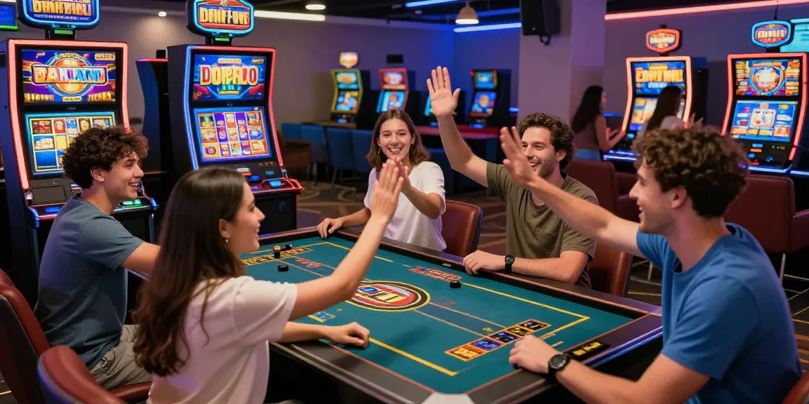 Exciting scene of players enjoying situs slot deposit 10 ribu at a modern gaming table with vibrant graphics.