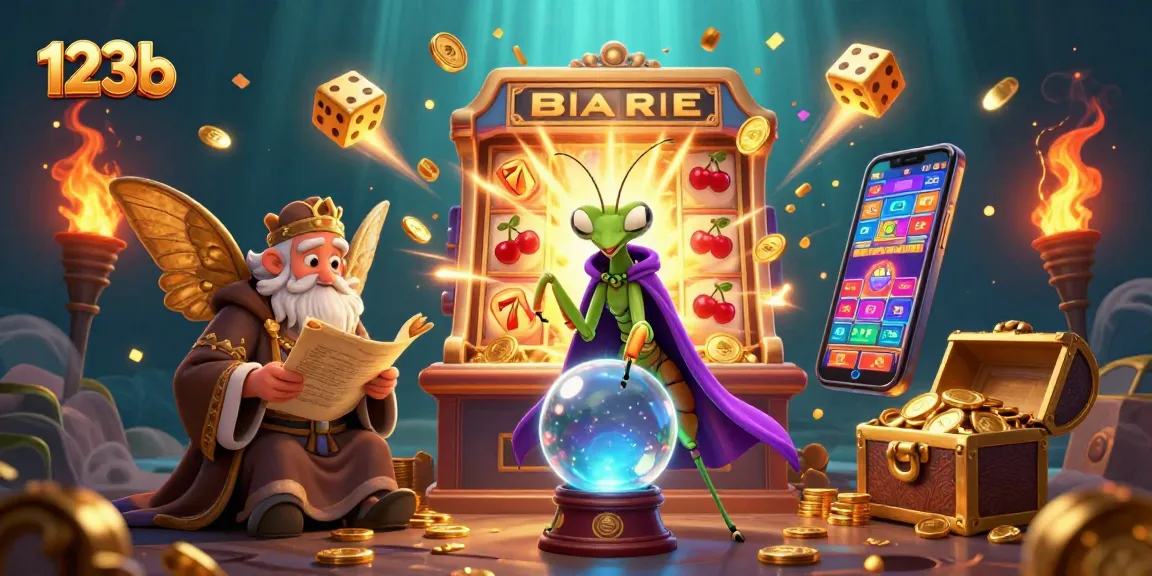 Engage with the exciting world of 123b casino games featuring a vibrant slot machine and fortune teller.
