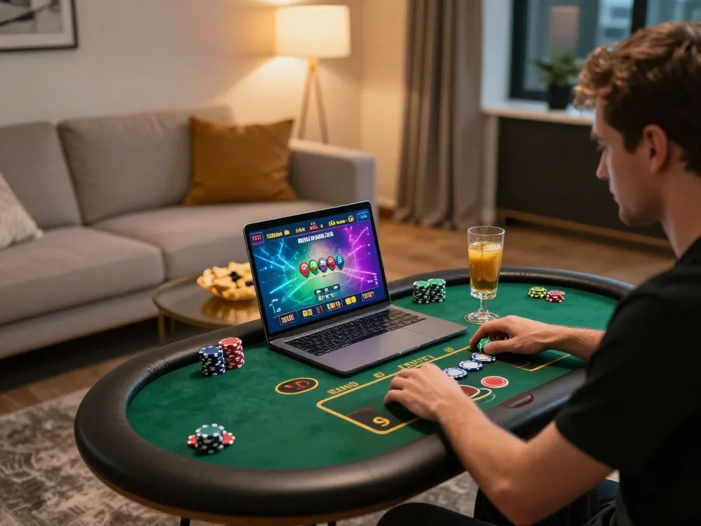 Player enjoying cm 88 live dealer game on laptop in cozy home setting, highlighting online gambling excitement.