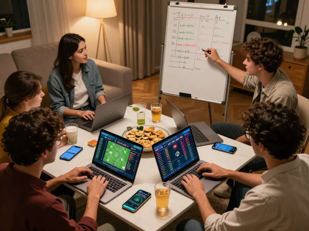 nhà cái Net88 sports betting strategy session with friends at home, showcasing live betting excitement.