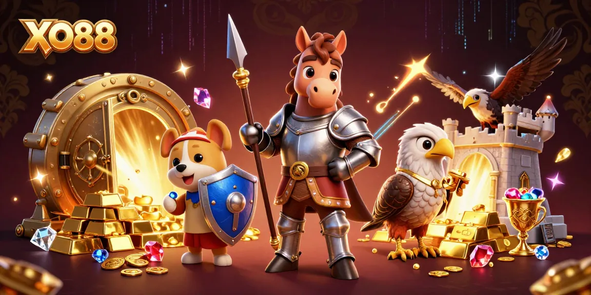 Engage in exciting adventures at XO88, with vibrant casino-themed artwork showcasing a knight and treasures.