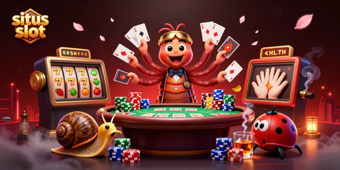 Menangkan jackpot di situs slot dengan ilustrasi dealer kartun dan simbol keberuntungan.