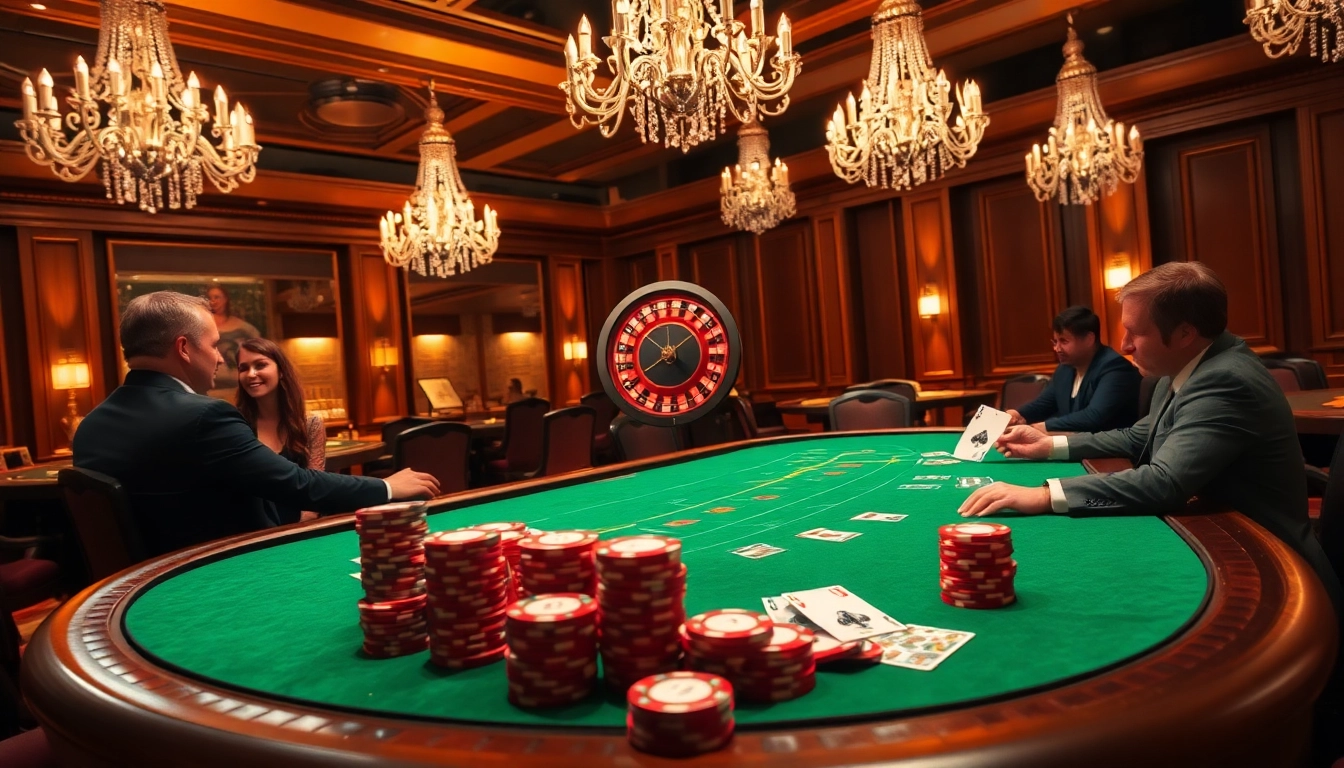 Players strategizing around the glamorous 32win poker table at a luxurious casino.