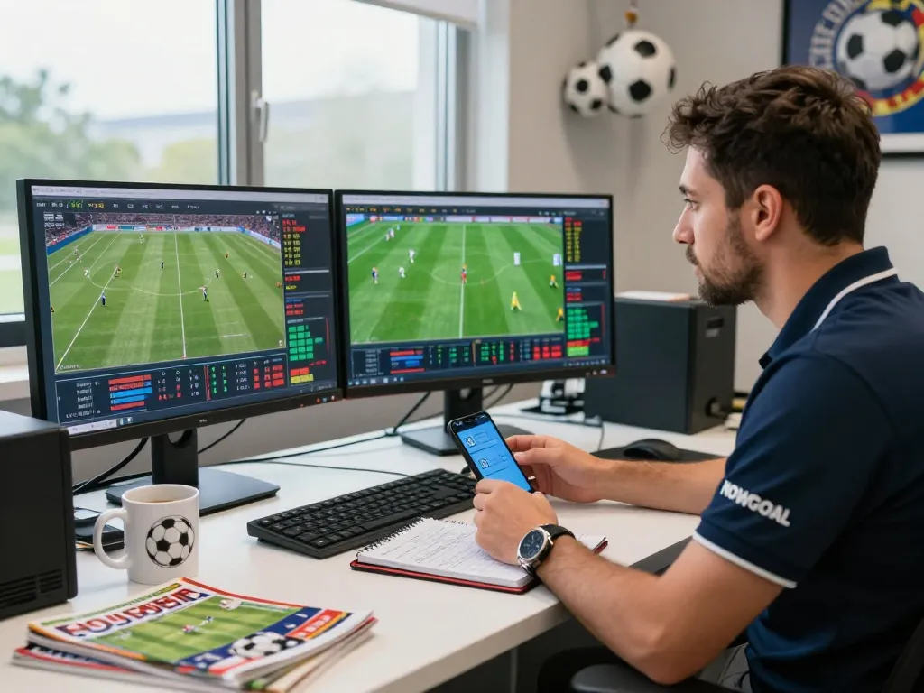 NOWGOAL analytics scene with real-time football scores and data analysis, showcasing a professional sports environment.
