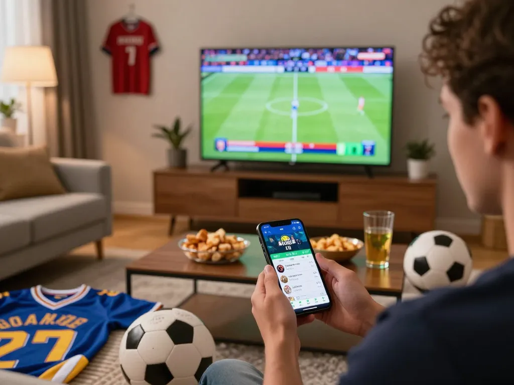 Engaged bettor using sports app to analyze soi keo nha cai during live game, showcasing vibrant home atmosphere