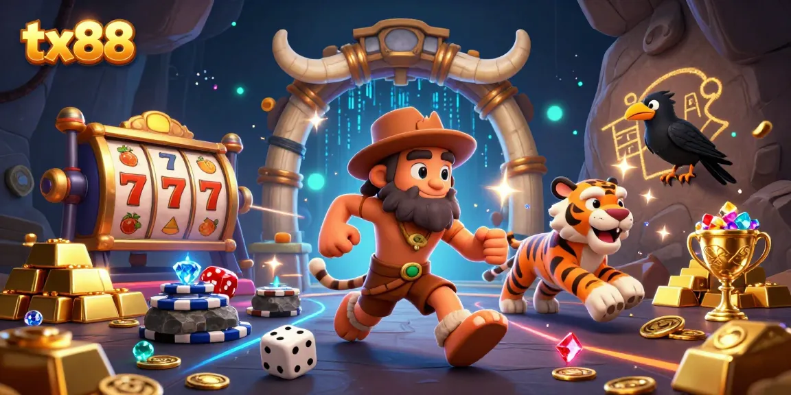 tx88 highlights a captivating prehistoric casino scene with a caveman, sabertooth tiger, and crow.
