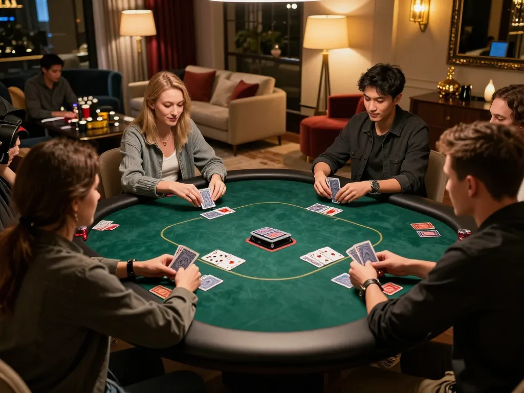MM88 đăng nhập scene with players engaged in a thrilling poker game, showcasing a stylish gaming room.